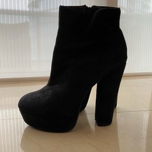 Black suede platform side zip booties